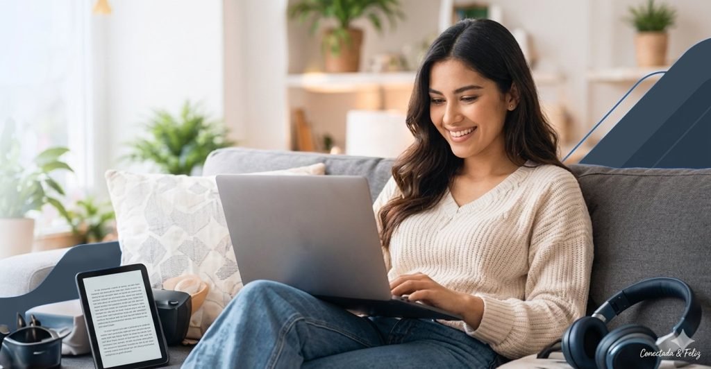 Mujer sonriente trabajando en su laptop desde el sofá