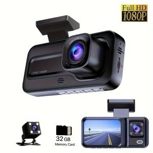 Cámara para auto de 3 lentes 1080P (frontal, interior y trasera) con tarjeta 32 GB